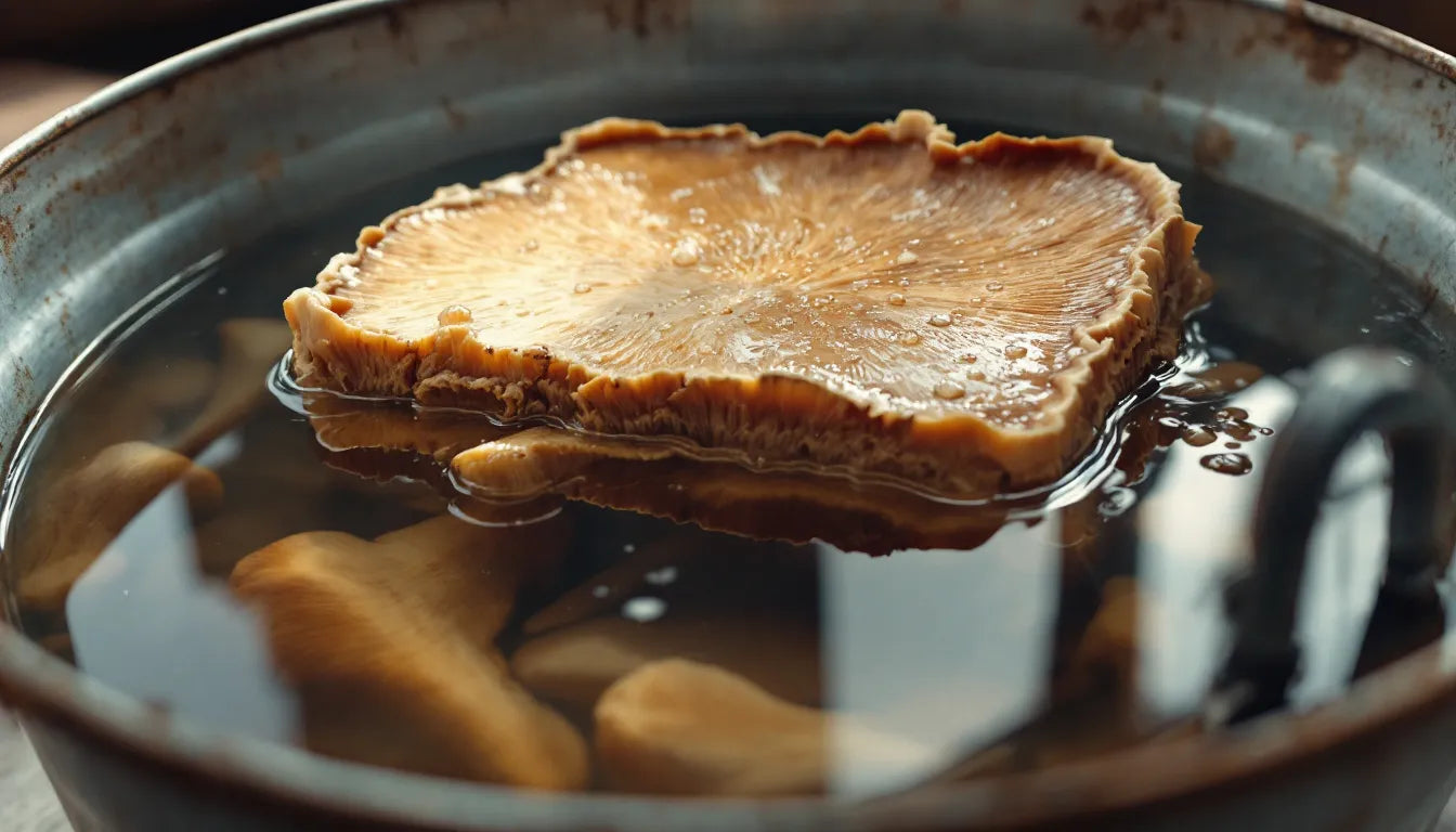 Mushroom grow block being soaked in a water bucket