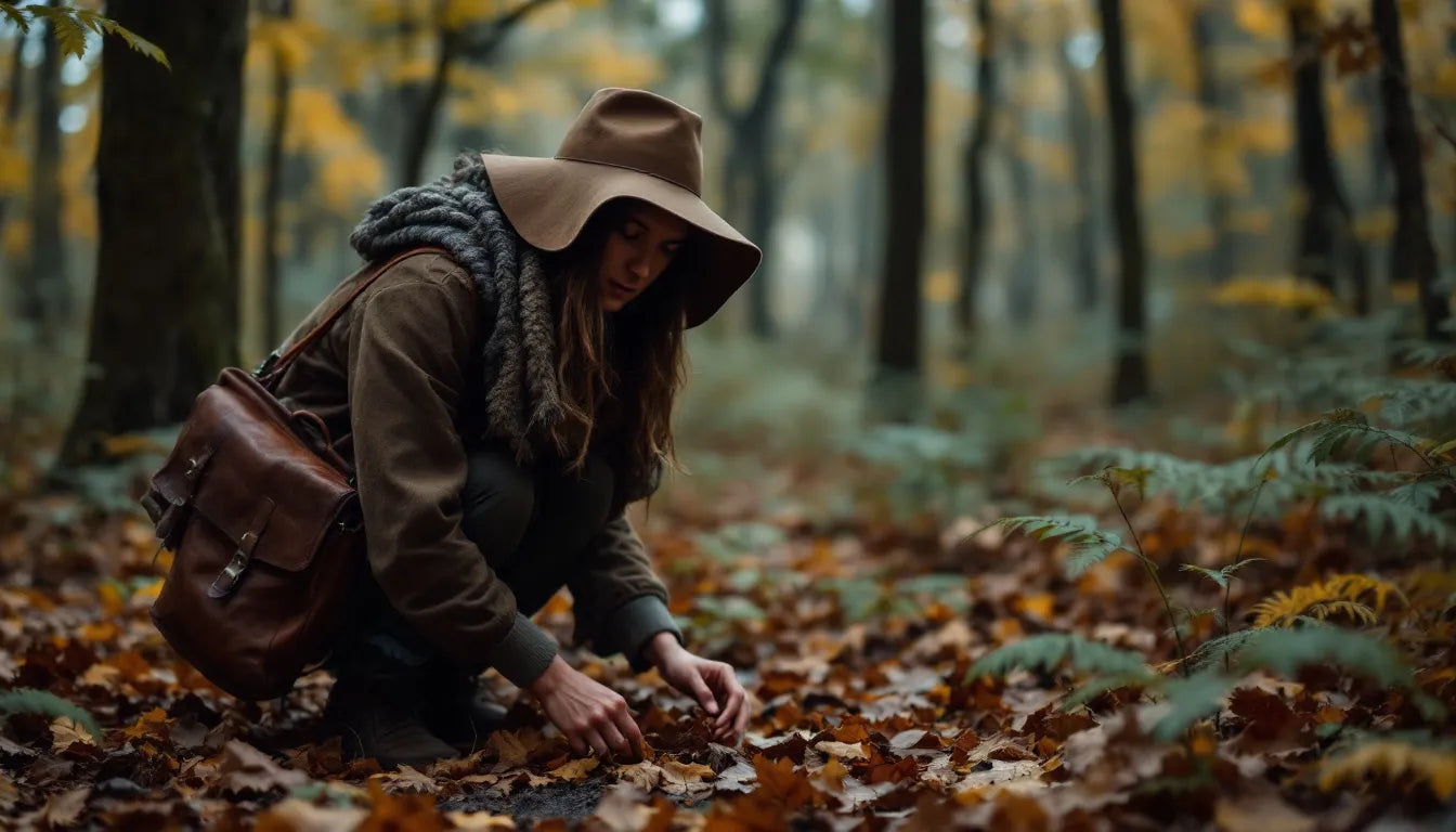 Person carefully foraging mushrooms in woodland