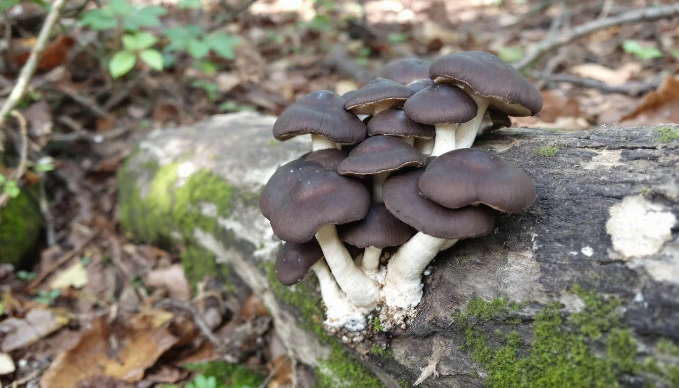 Shiitake mushrooms fruiting from logs in controlled environment