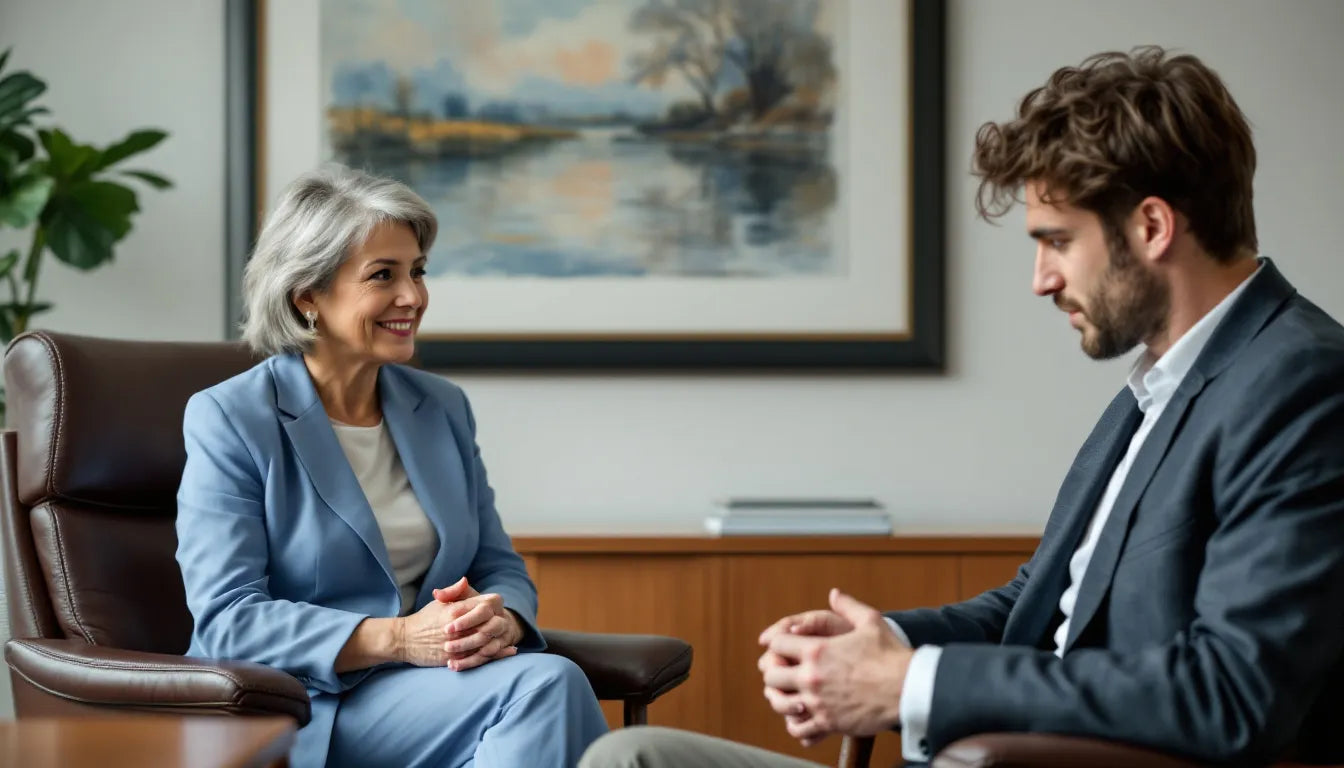 Psychiatrist having a discussion with a patient in therapy.