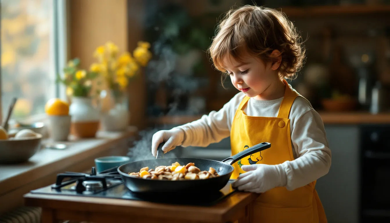 Child cooking mushrooms in kitchen with supervision