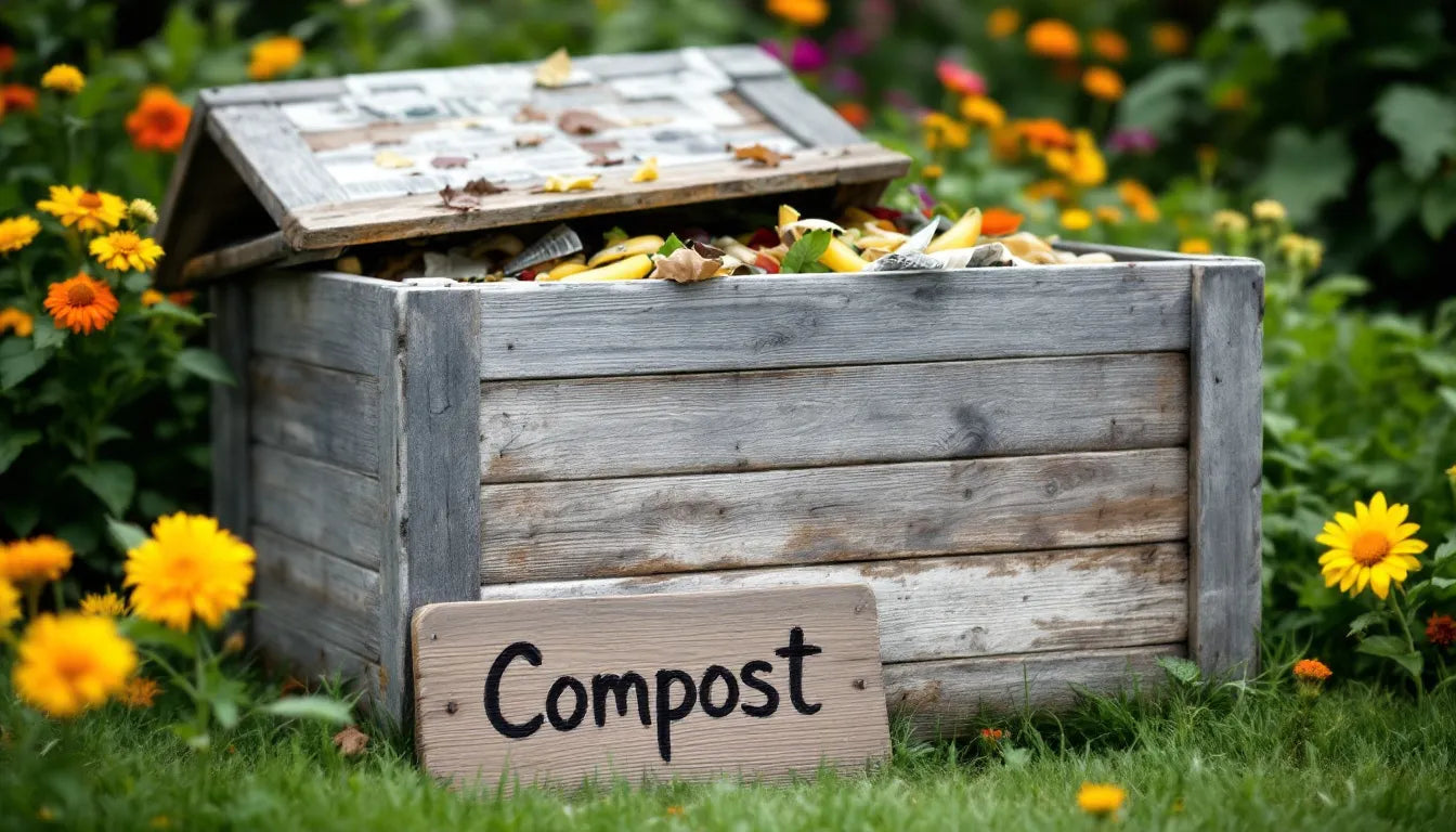 Home composting bin with decomposing garden and kitchen materials