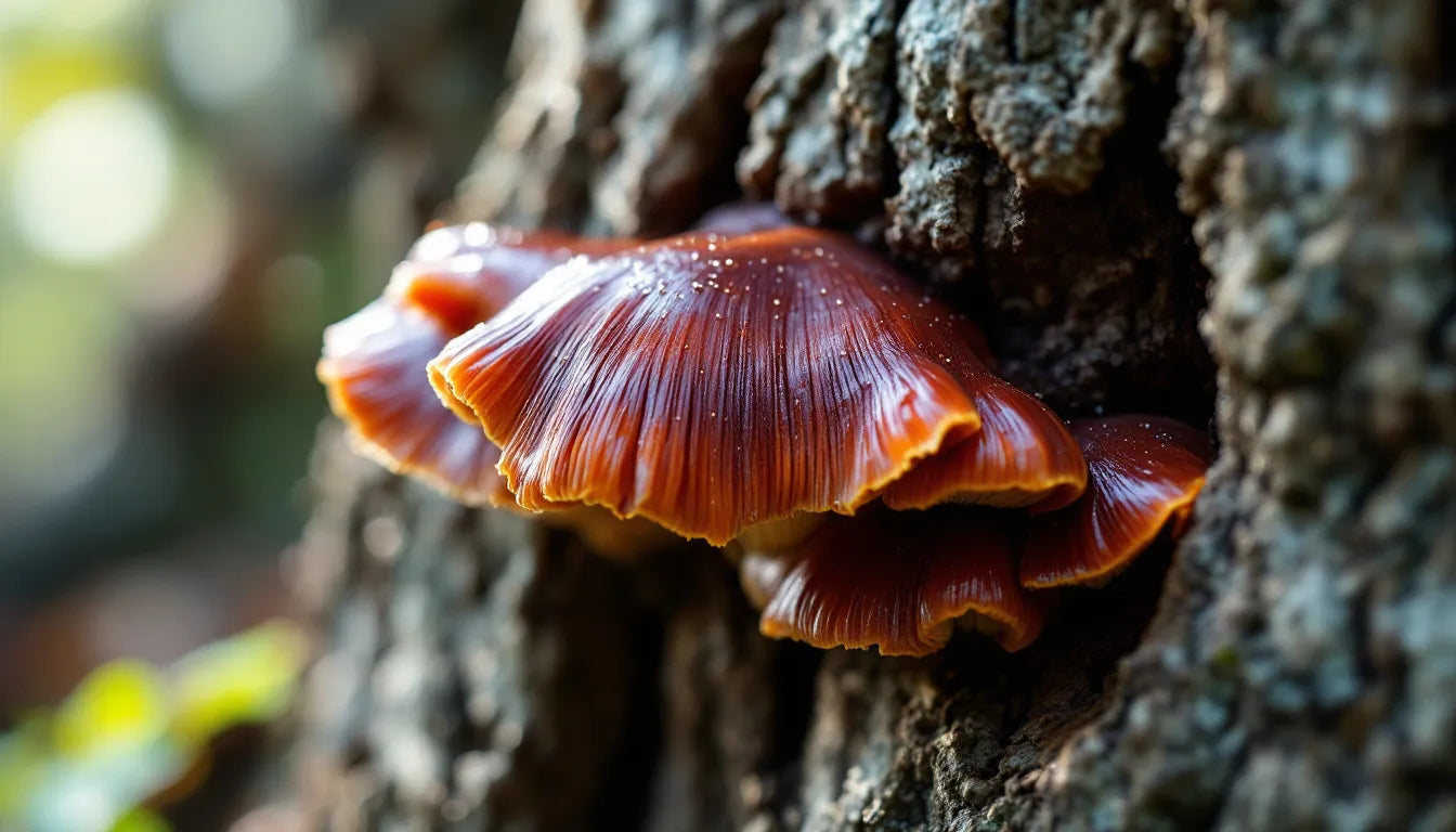 A glossy red Reishi mushroom growing on a tree trunk.
