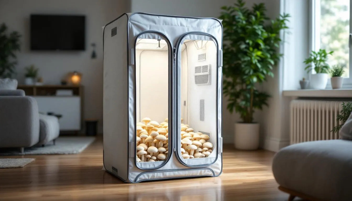 Mushroom grow tent setup inside a tidy apartment