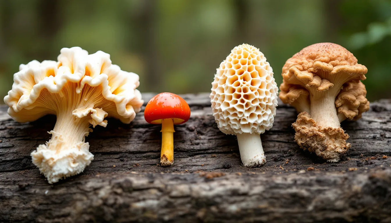 turkey tail, lion's mane, reishi, and chaga mushrooms side by side