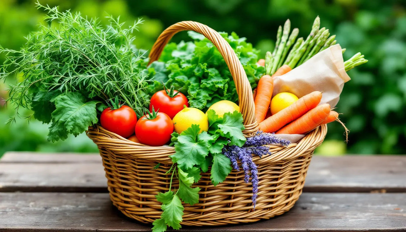 Basket filled with fresh vegetables from community garden