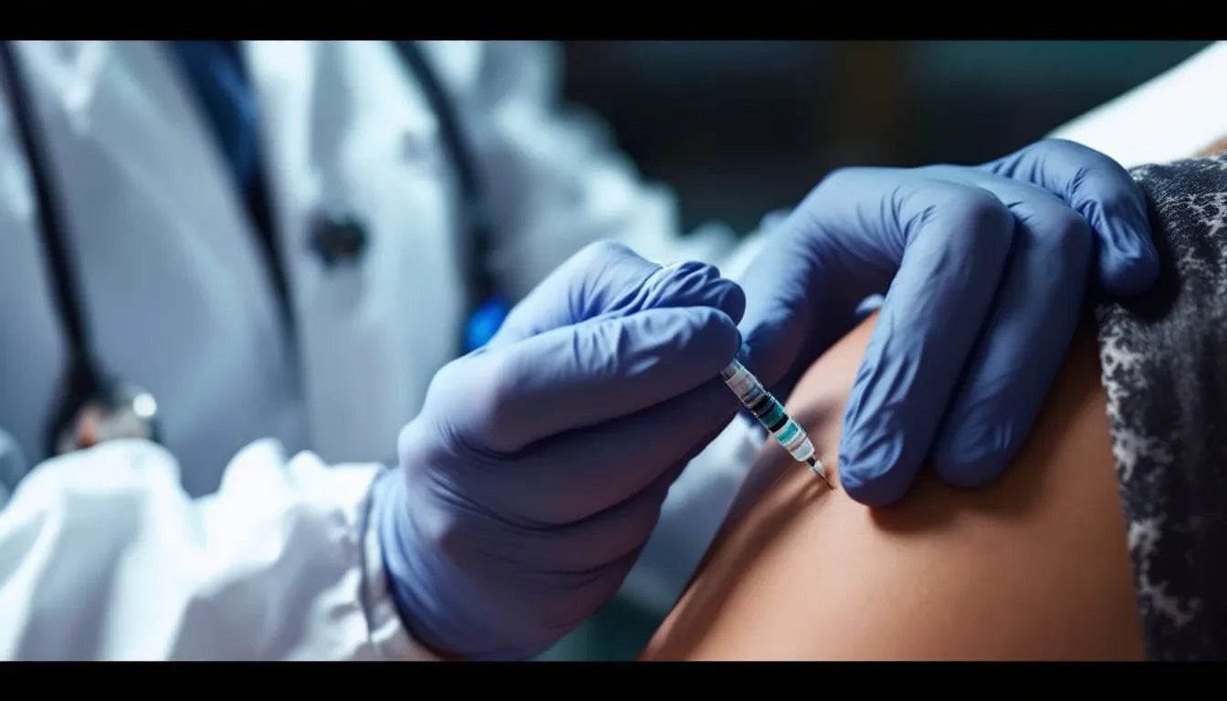 A medical professional in gloves preparing a ketamine injection.