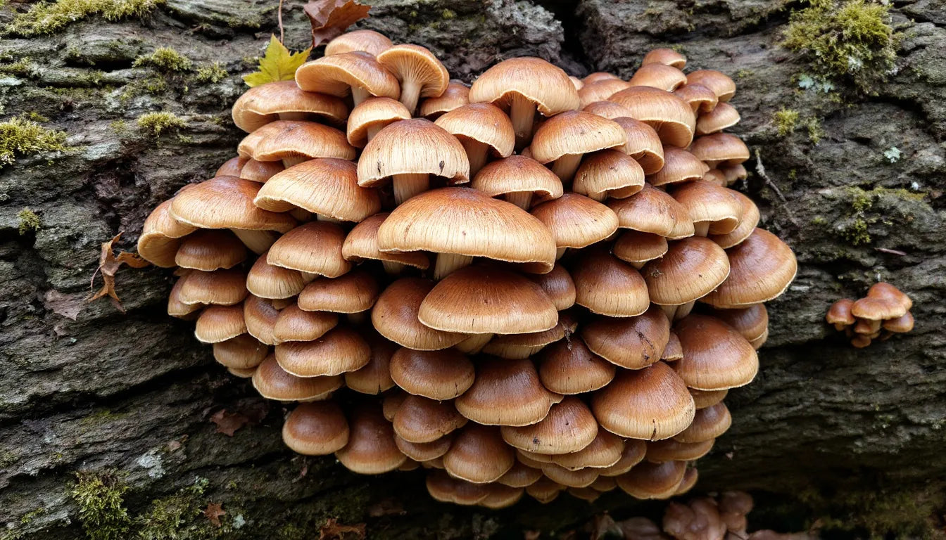 cluster of chestnut mushrooms growing on wood