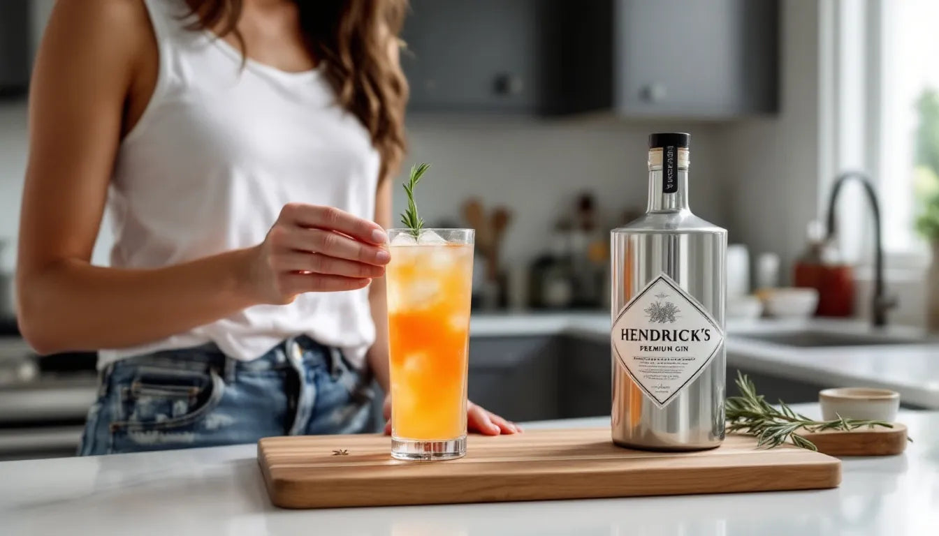 A hand holding a mocktail glass with an alcohol bottle in the background