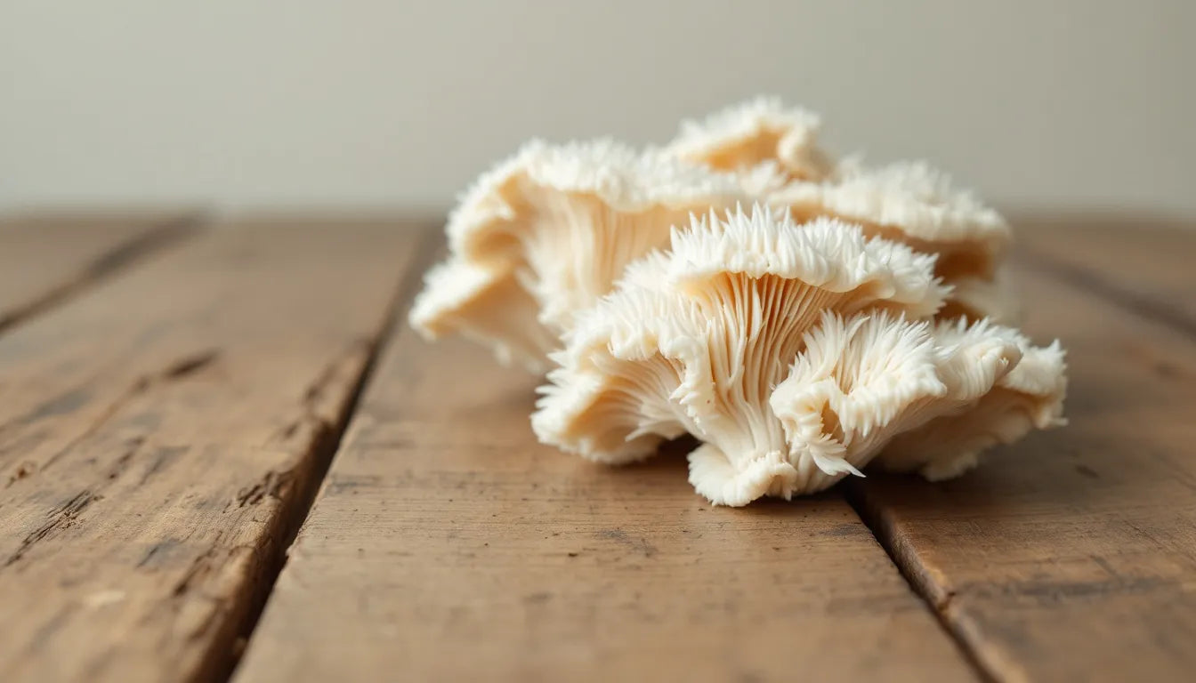 Fresh Lion’s Mane mushrooms placed on a rustic wooden table.