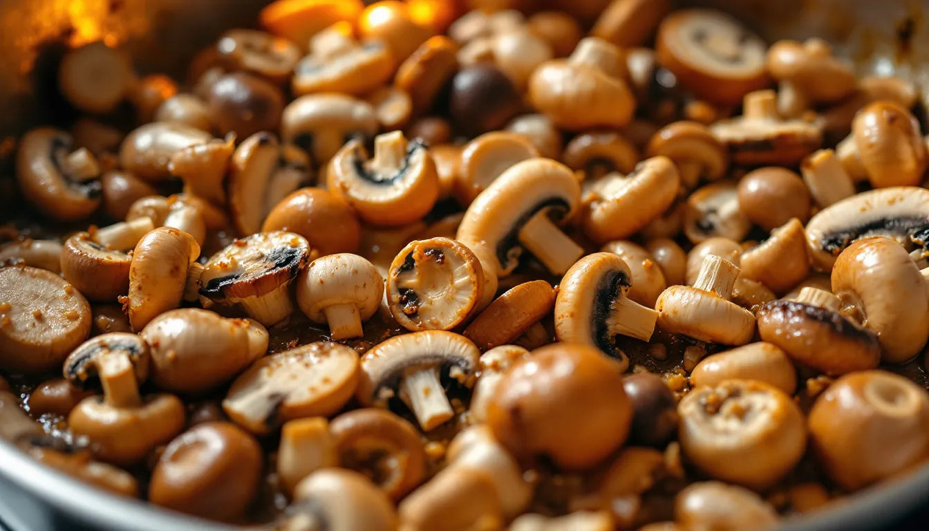 Overcrowded pan of mushrooms cooking on a stovetop