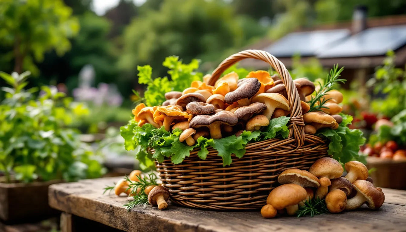 Basket of freshly harvested mushrooms on sustainable farm background