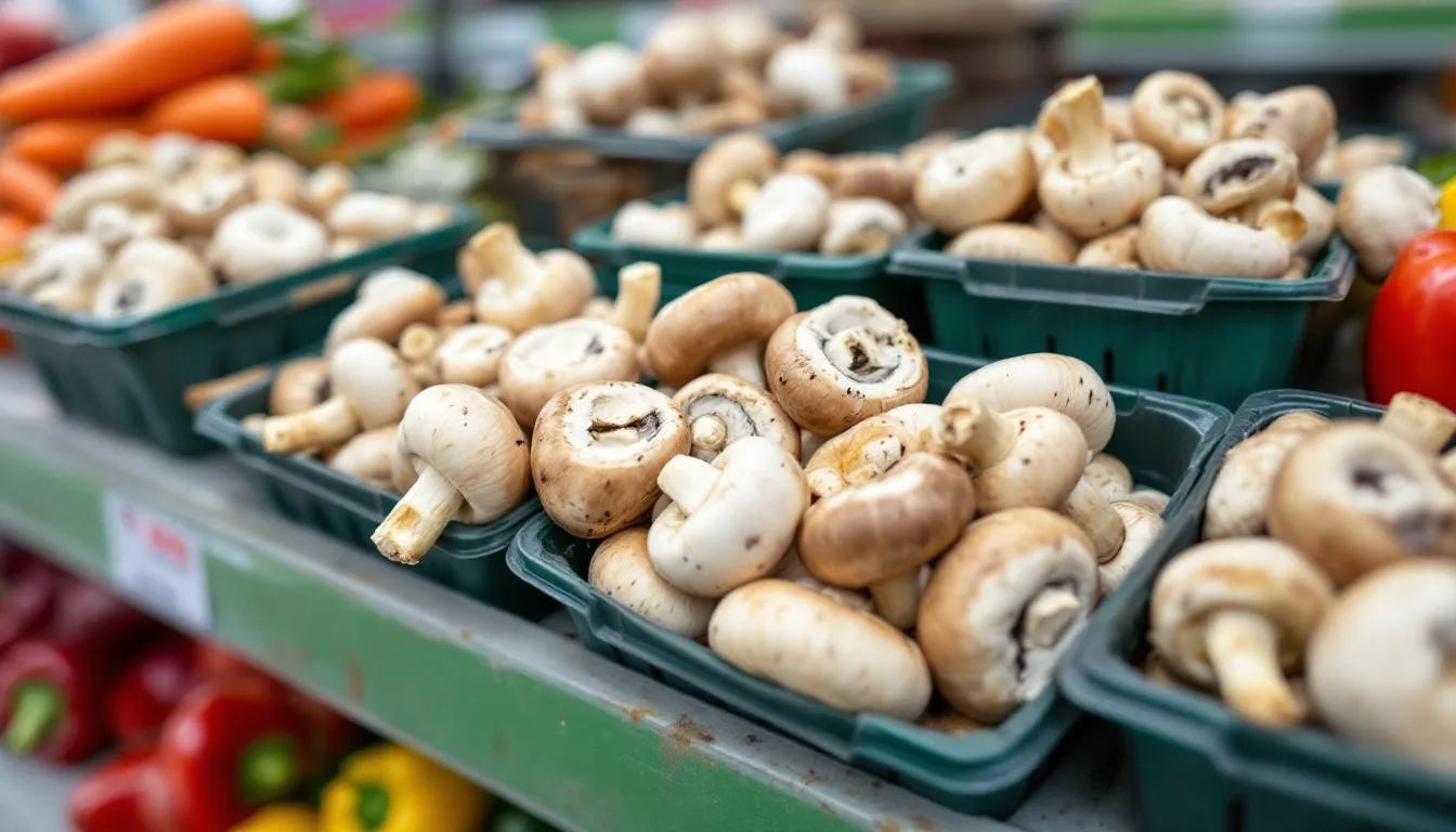 Deformed mushrooms growing on commercial shelf in factory setting