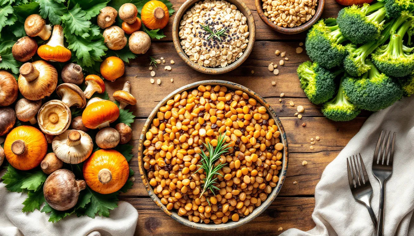 Mushrooms, lentils, oats, chia seeds and broccoli comparison