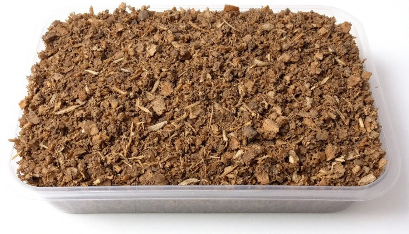 Plastic tray filled with reused mushroom substrate