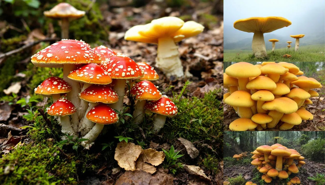 Mushrooms growing in both damp and dry environmental settings
