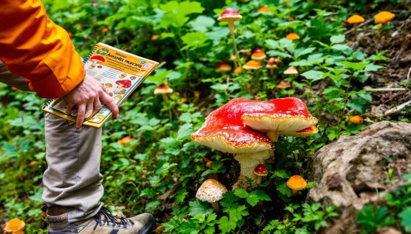 Essential hiking gear including a mushroom field guide, boots, and a backpack.