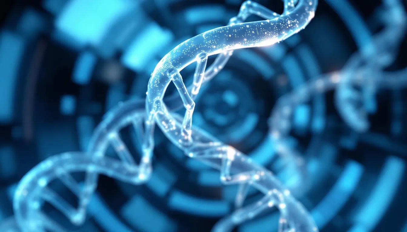 DNA double helix with blurred lab microscope in background