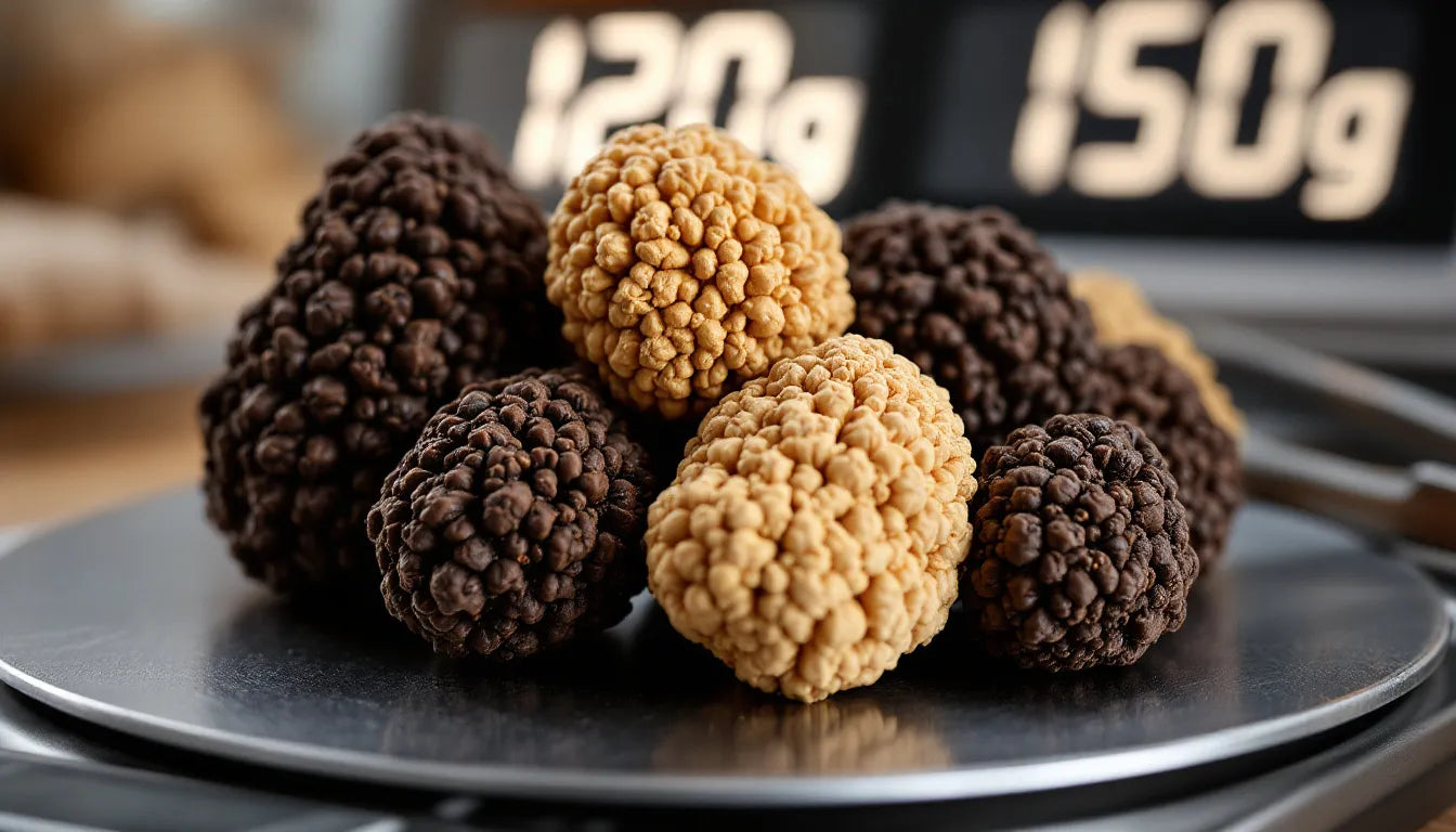 Person inspecting truffles on a digital scale