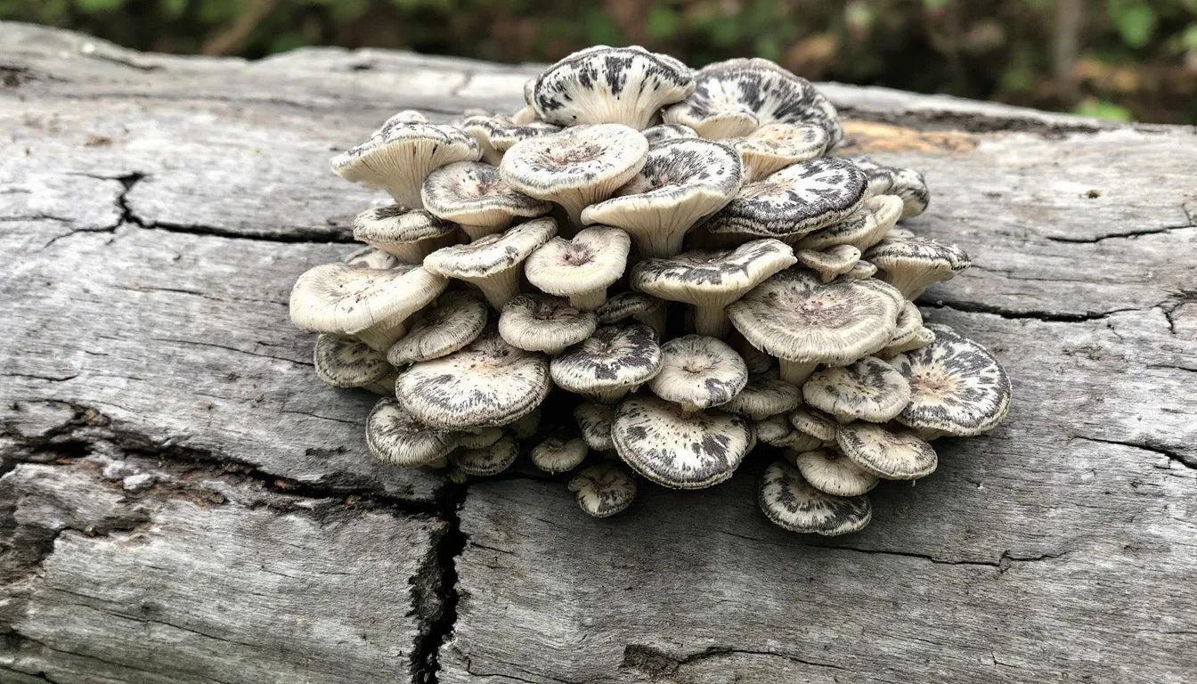 turkey tail mushrooms growing on a moist hardwood log