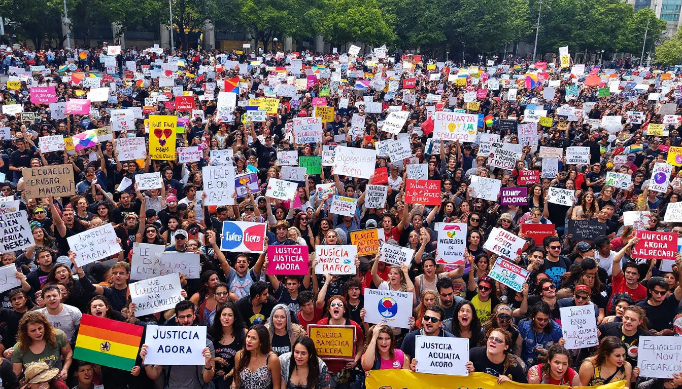 A group of protesters holding signs at a rally event.