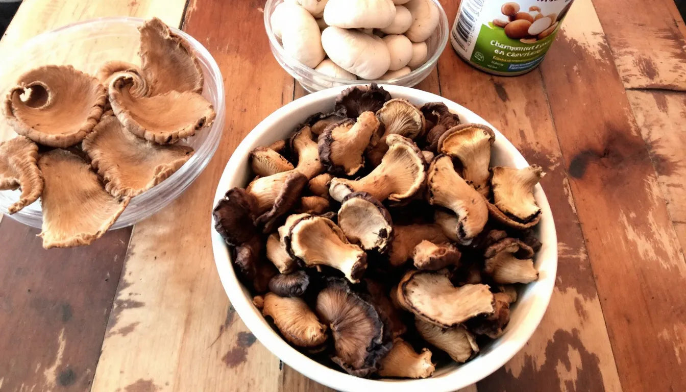 Dried, frozen, and canned mushrooms in separate bowls