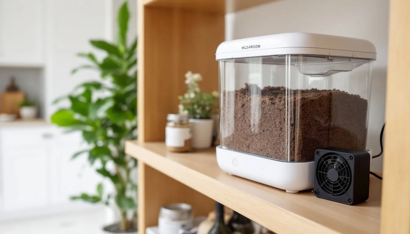 Compact mushroom grow kit sitting on a shelf