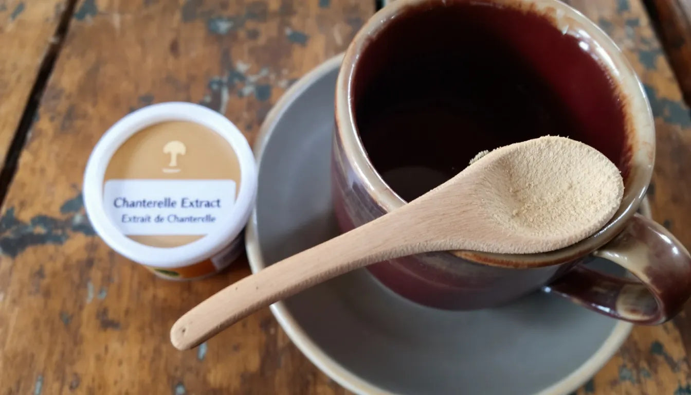 Mushroom extract powder on spoon near steaming tea mug