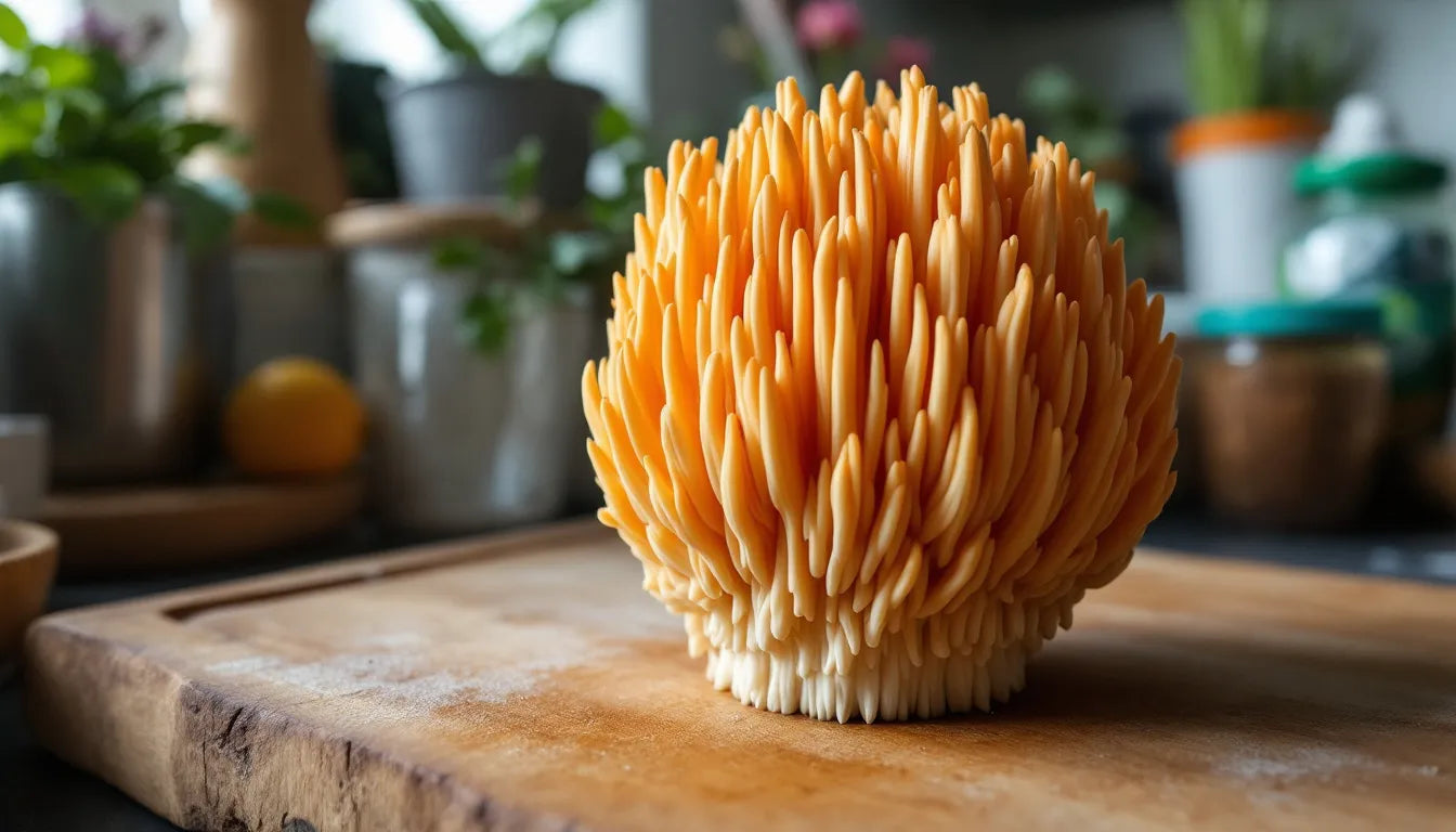 Lion’s mane mushroom growing in home kit