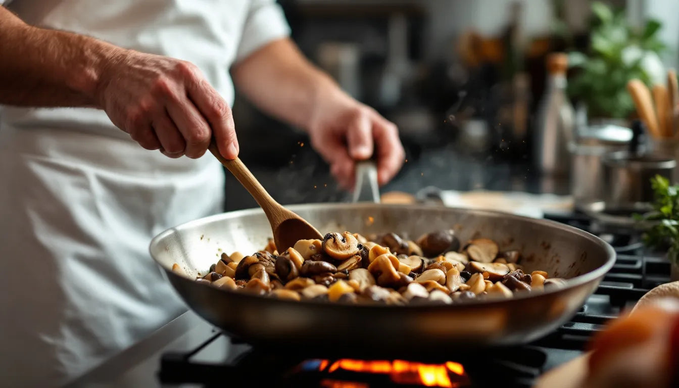 Chef cooking lion's mane in hot skillet