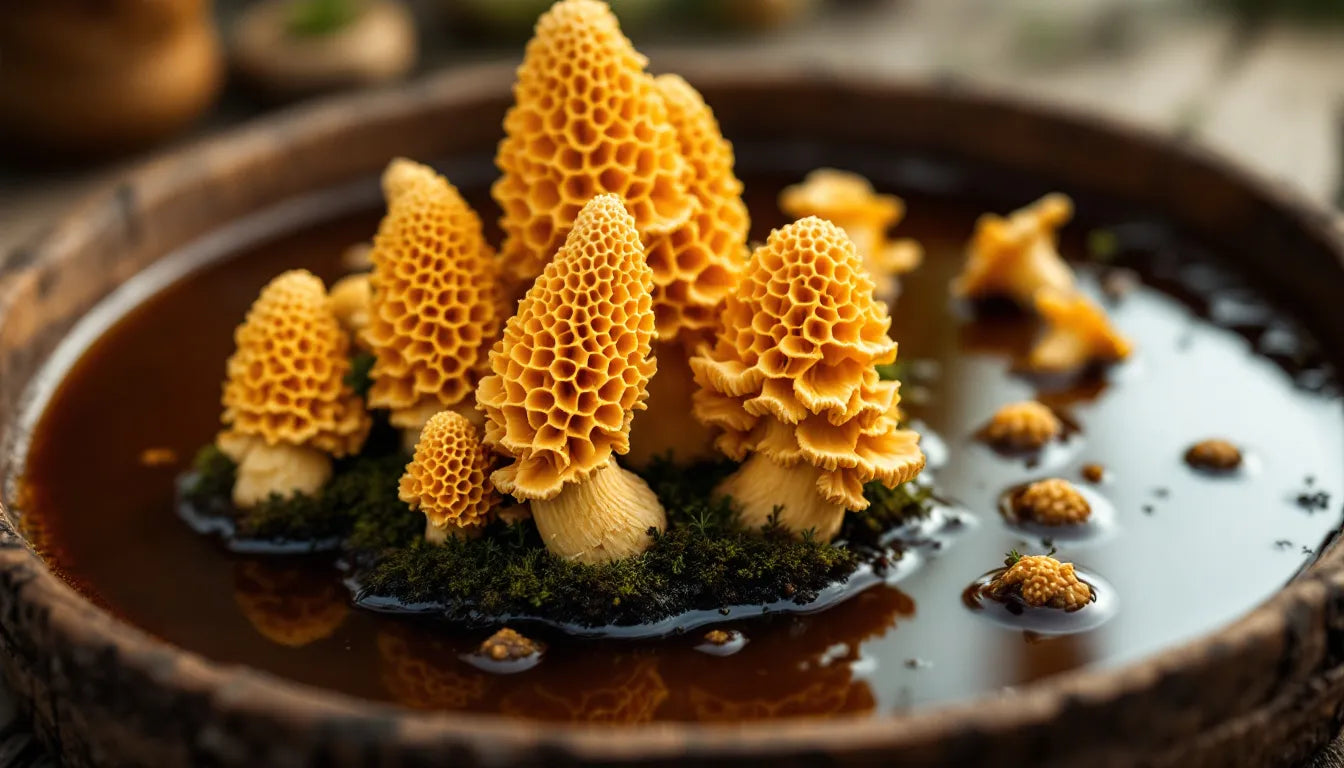 table with morel mushrooms water and molasses mix