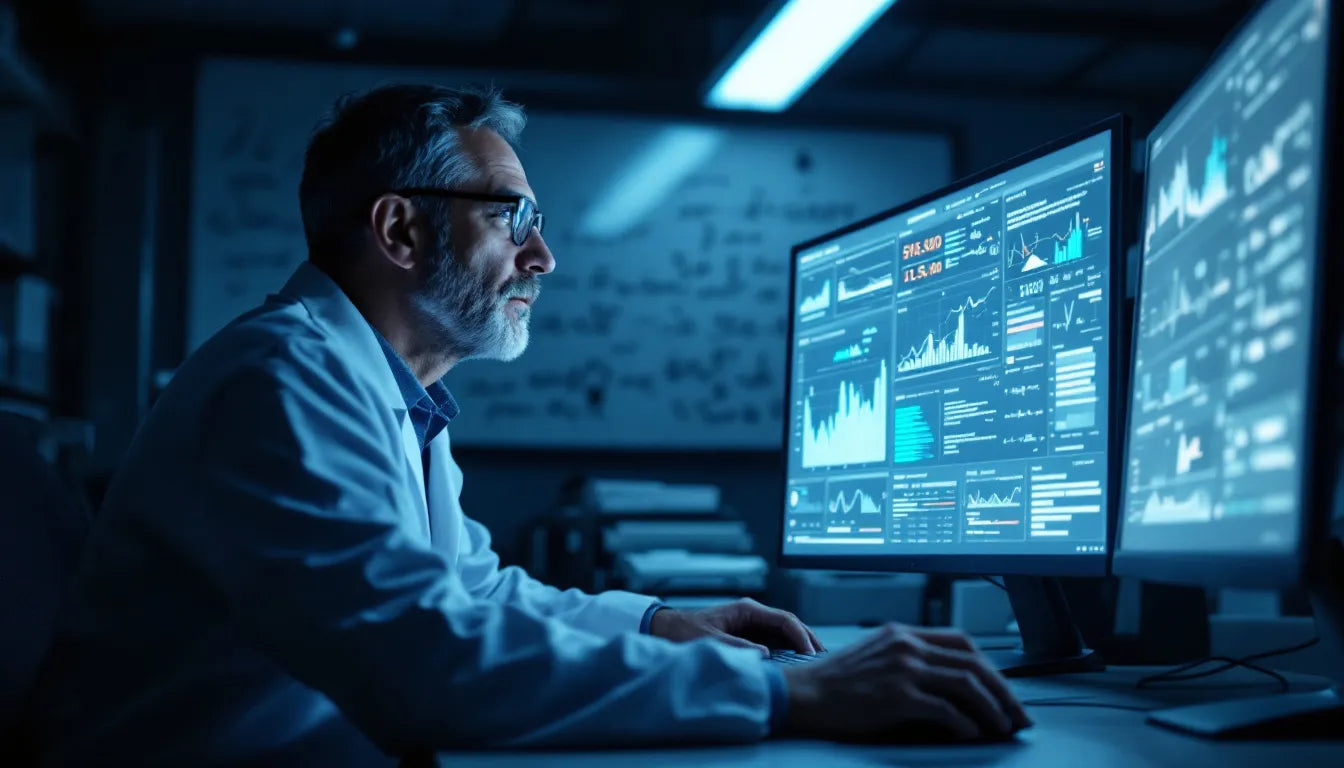Scientist reviewing research data on a computer screen in a laboratory.