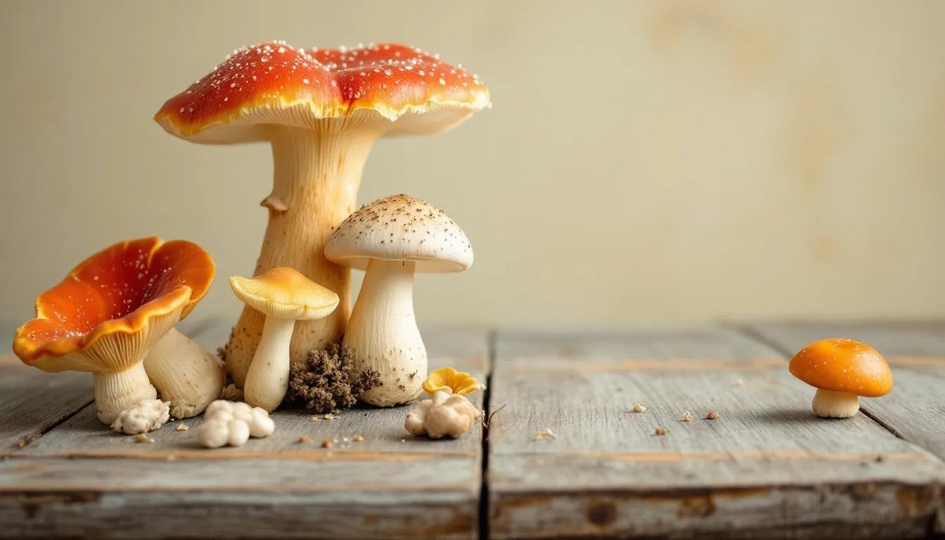 Various top functional mushrooms laid out on a wooden table
