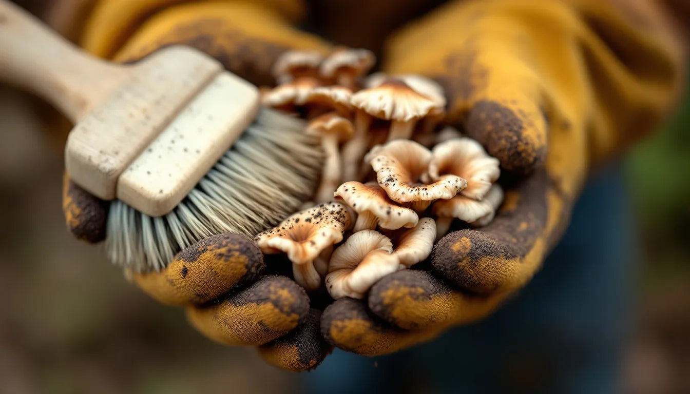 A person carefully brushing black trumpet mushrooms to clean them before cooking.