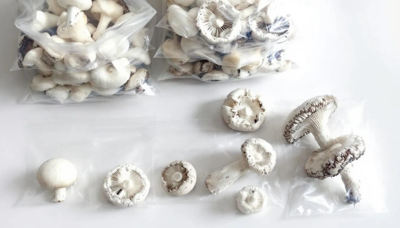 Mushroom bags showing colonization and fruiting stages