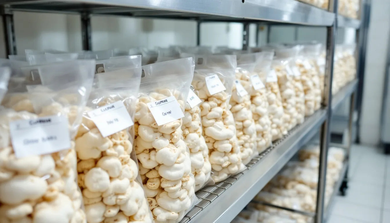 Sterile mushroom grow bags arranged on a storage shelf