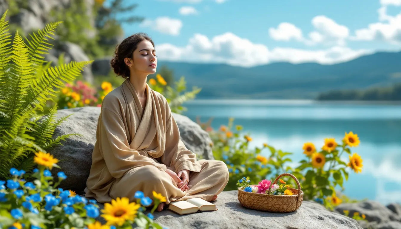 Person meditating outdoors among vivid natural colors
