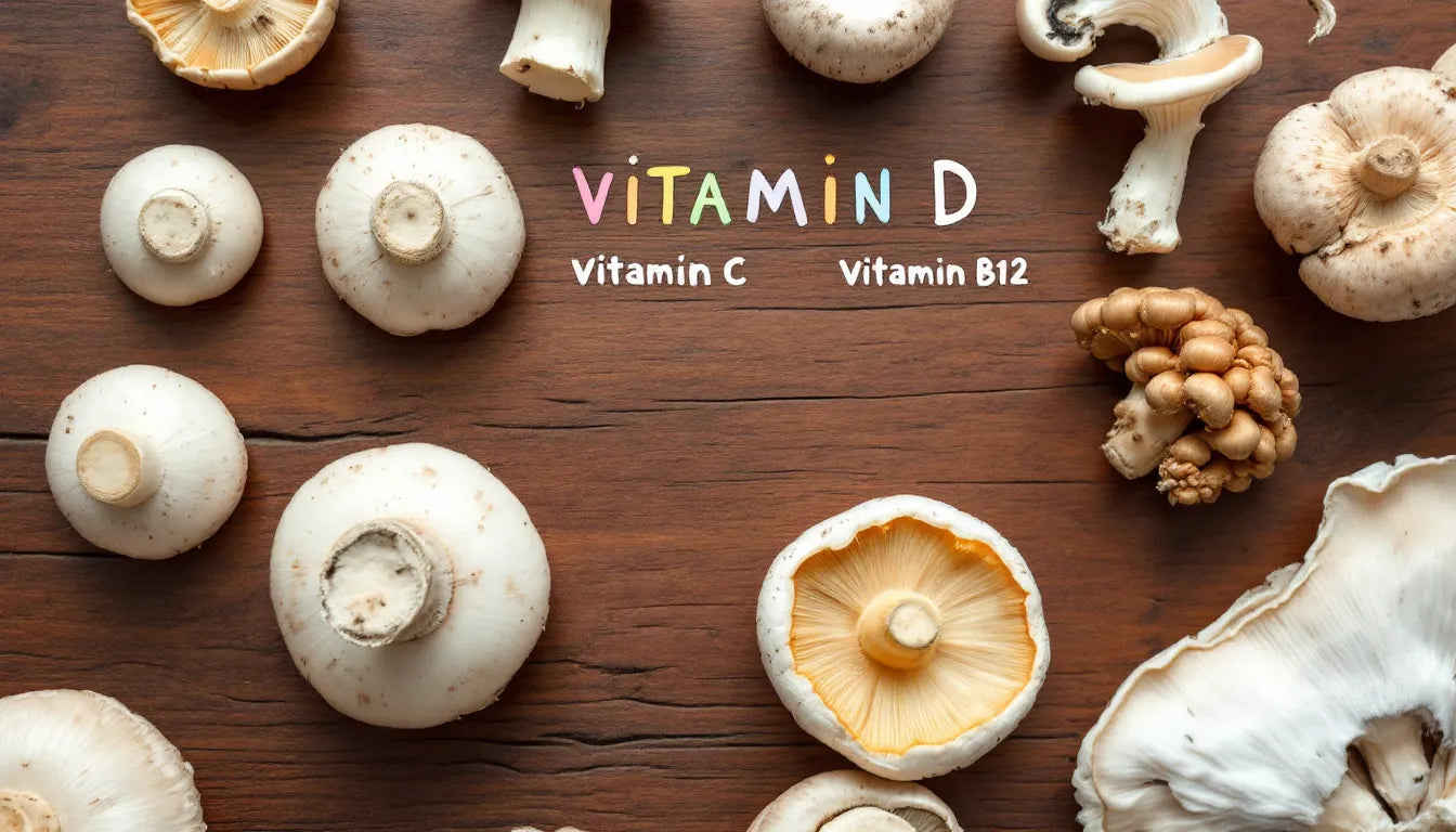 Fresh black trumpet mushrooms with vitamin icons highlighting their nutritional benefits.