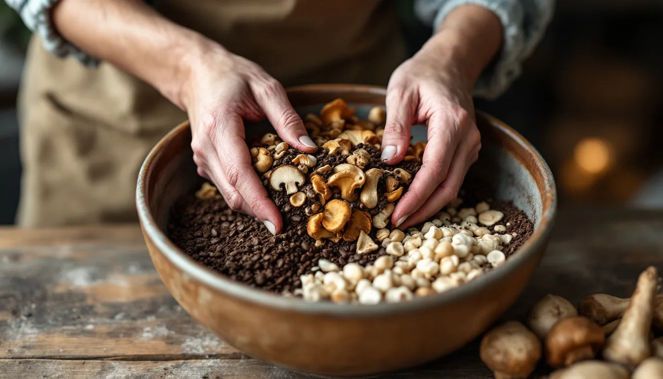 hands mixing mushroom spawn into coffee grounds