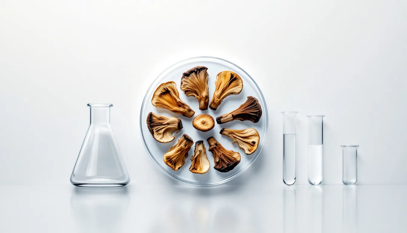dried turkey tail mushrooms near scientific glass containers