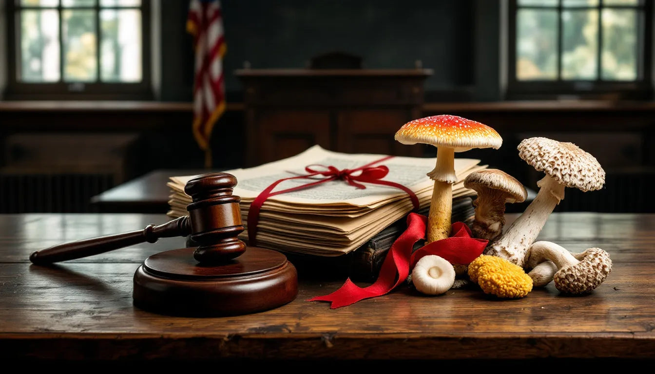 Magic mushrooms next to law gavel and papers