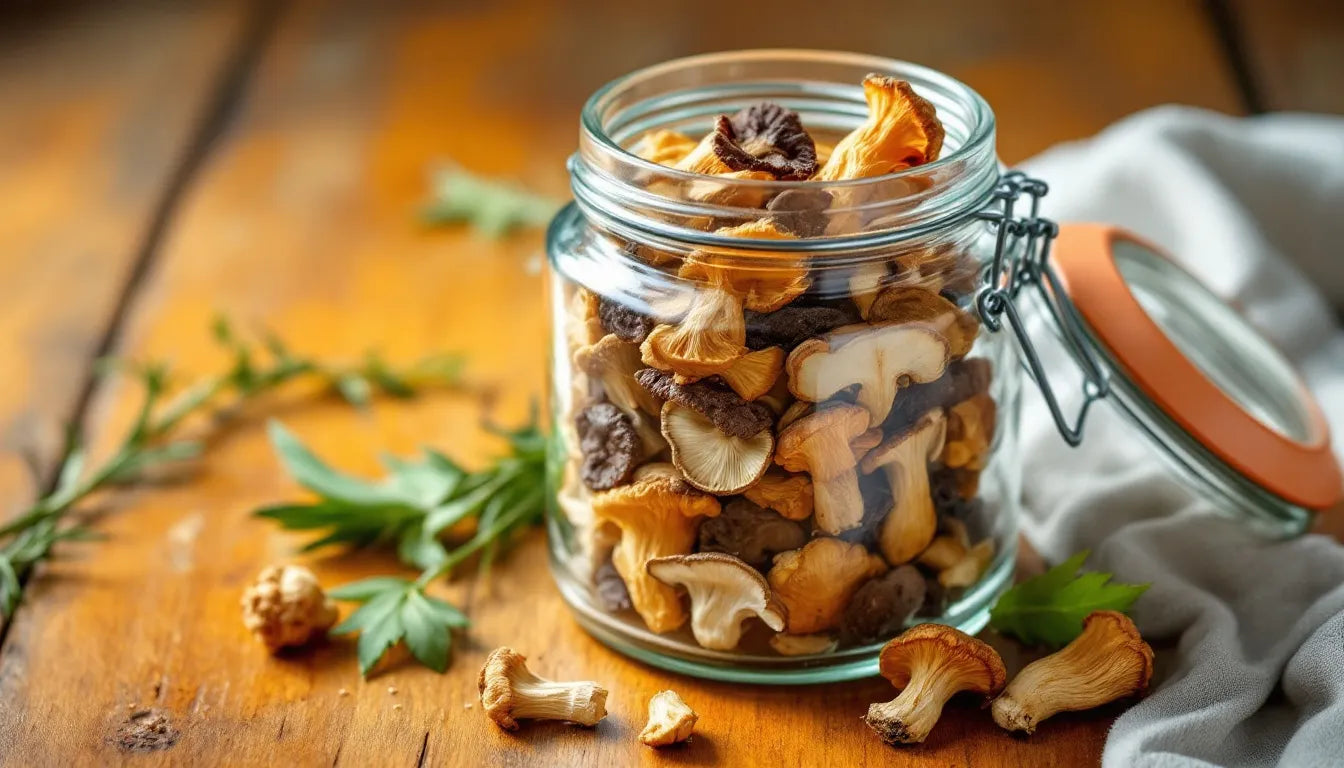 Dried wood ear mushrooms stored in a sealed glass jar