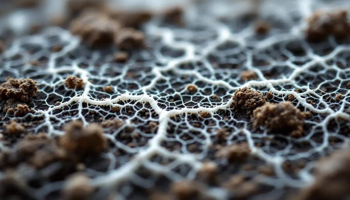 White fungal mycelium threading through dark soil