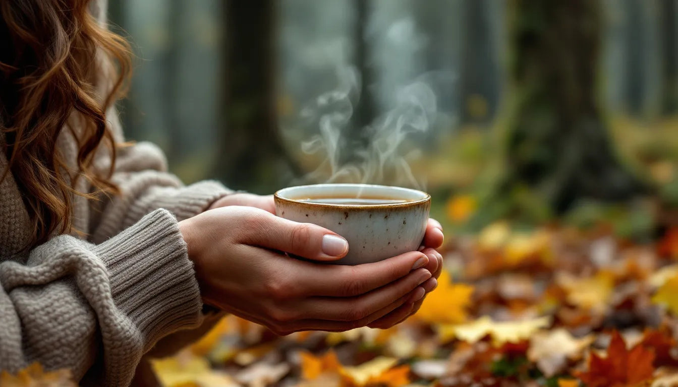 Two hands holding hot mushroom tea in natural setting