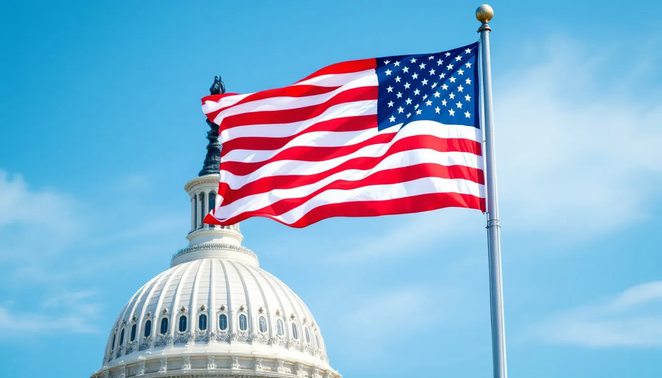 The U.S. Capitol building with an American flag waving in front.