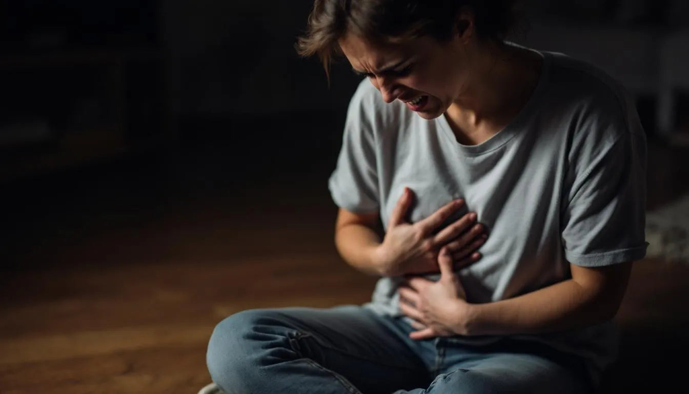 Person sitting while clutching their stomach in pain