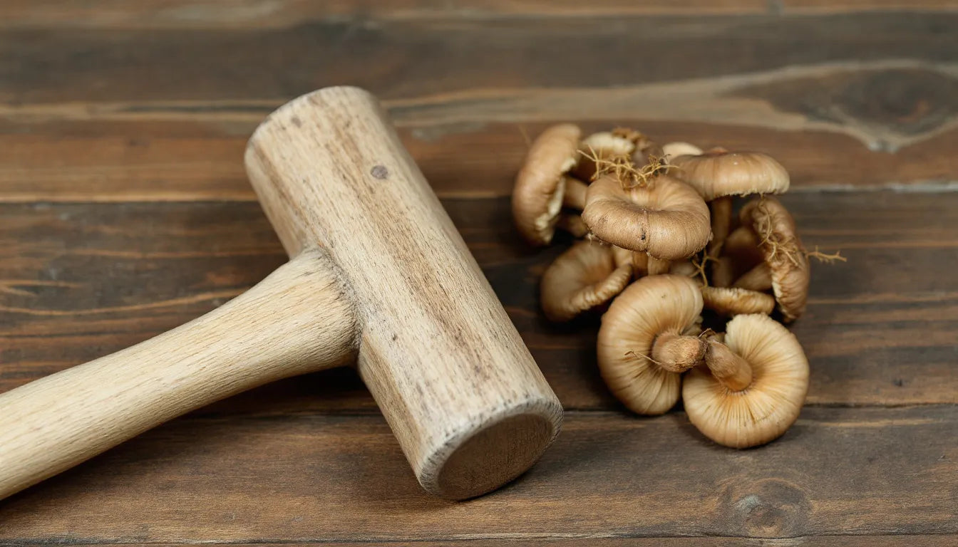 Legal gavel next to dried magic mushrooms