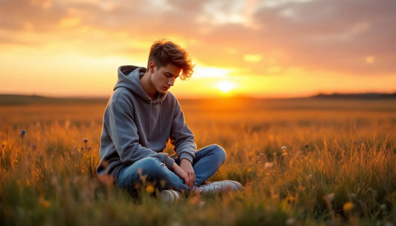 Teenage person sitting alone in a field at sunset, reflecting