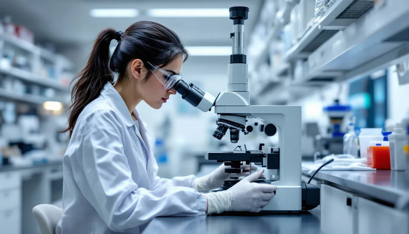 Scientist examining fungal samples under microscope in a lab environment