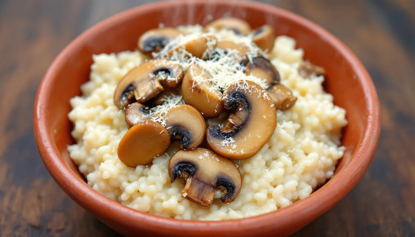 Creamy mushroom risotto served in a rustic ceramic bowl